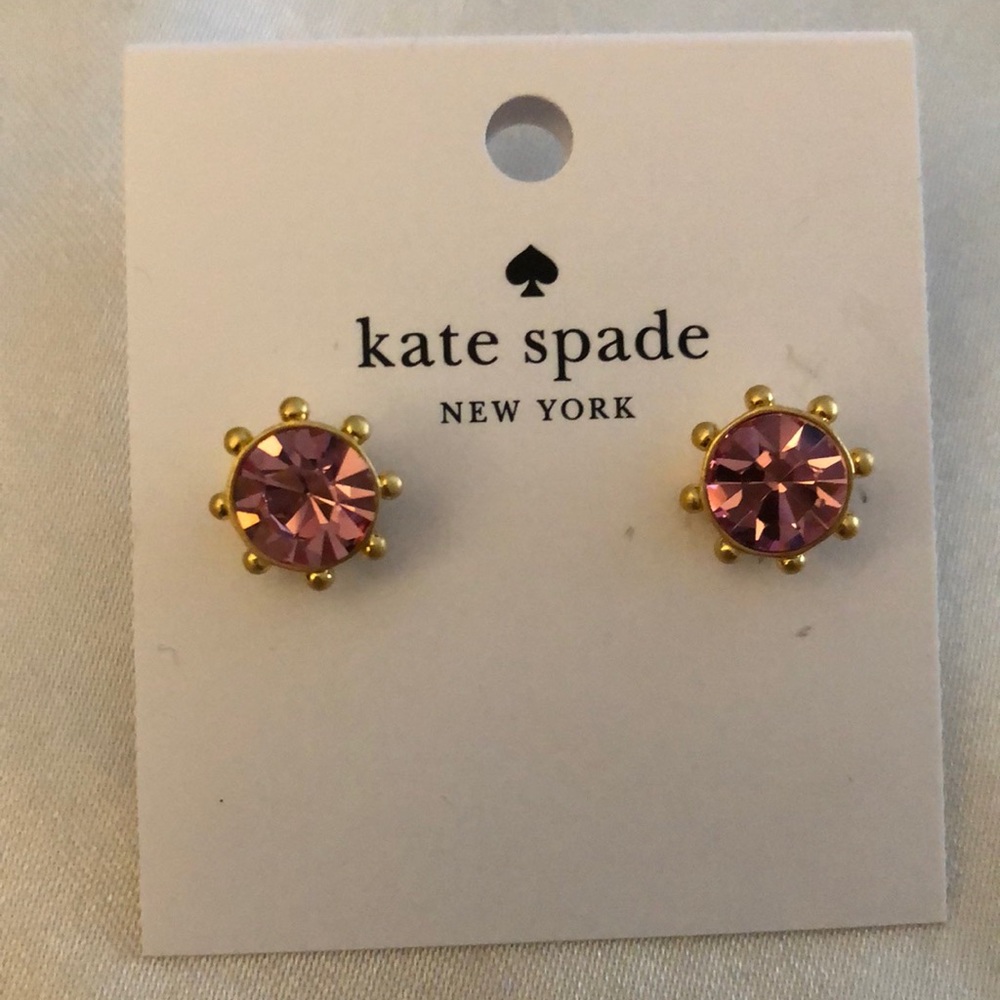 Kate Spade Gold Tone Flying Colors Bezel Stud Earrings Blush Pink CZ NWT